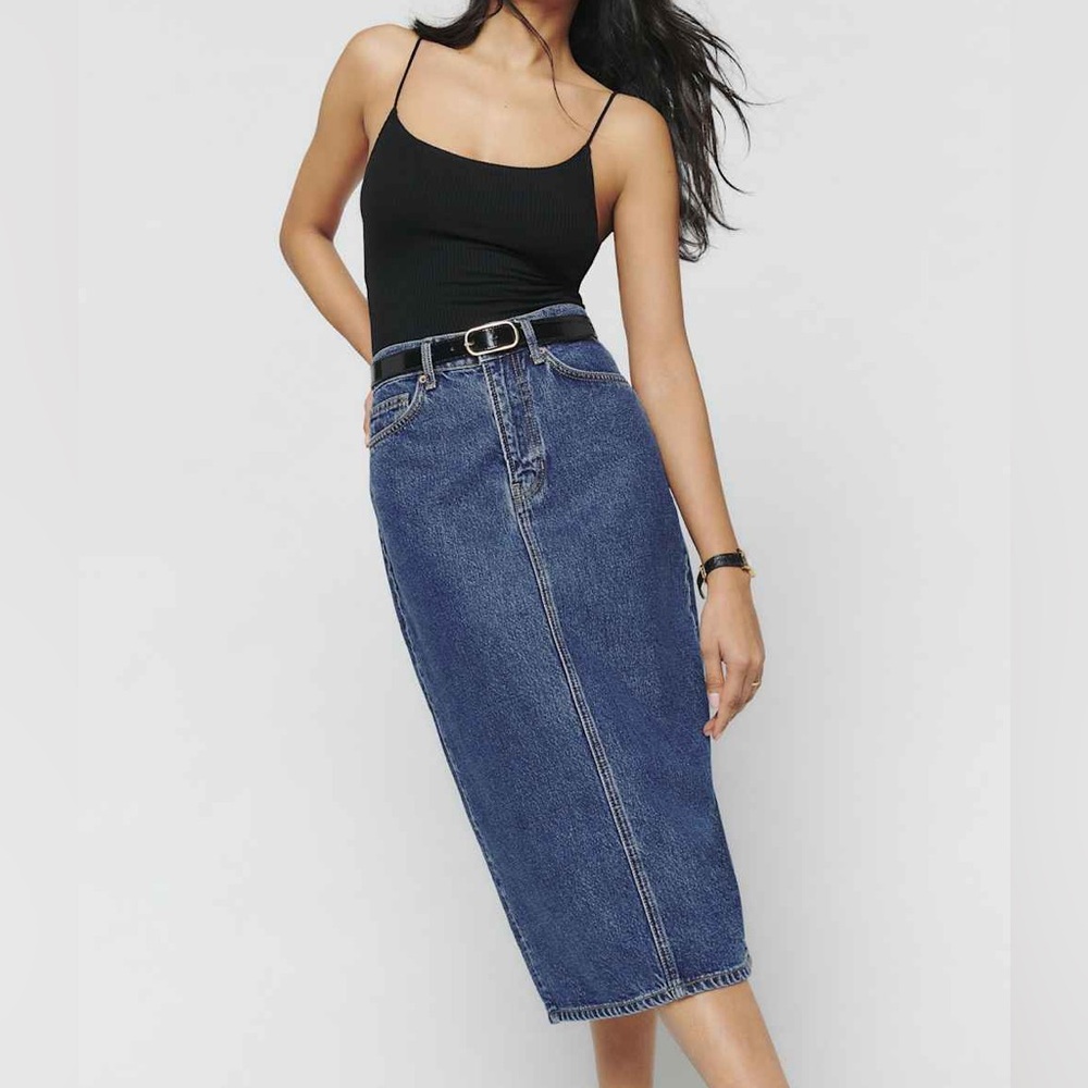 Reformation Jeans Jayde High Rise Denim Midi Skirt